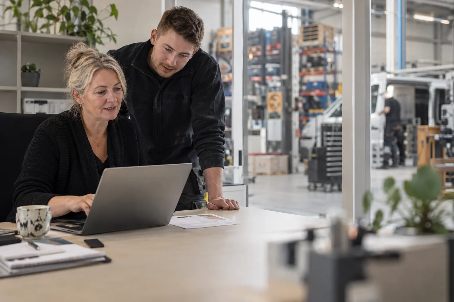 Illustration of two service-company colleagues reviewing a customer handover together.